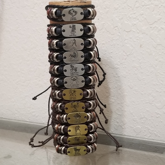 Zodiac Sign Leather Adjustable Bracelet Unisex New - Picture 2 of 12